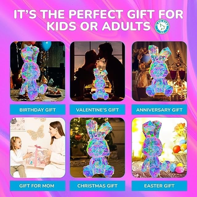 In His Name LED Bunny Night Light Holographic Rainbow Easter Rabbit Lamp Bedside Bunny Light Kids Decoration Boys and Girls Night Light Nursery Lovers Spring Summer Decor Gift