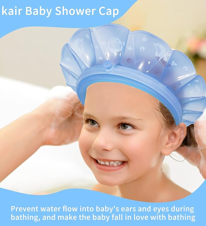 kair Baby Kids Shower Cap Soft Adjustable Silicone Toddler Bath Visor Children Hair Washing Hat Keep Kids Shield Water Out of Eyes & Ears (Blue, Head Size 17"-24" More Than 24 Months)