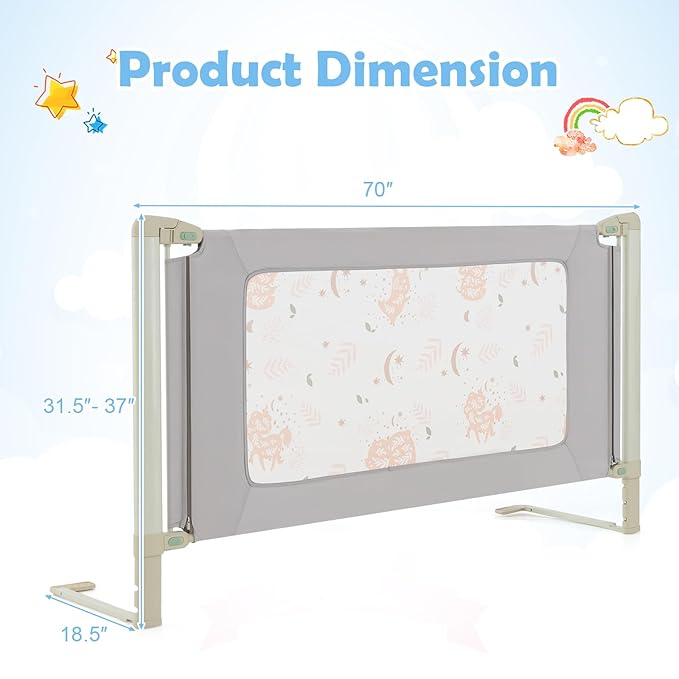 BABY JOY Bed Rail for Toddlers, 70" Vertical Lifting Extra Long Infants Safety Bed Side Rails with Double Lock, Foldable Baby Bed Rail Guard for Twin Double Full Size Queen King Mattress (Gray)
