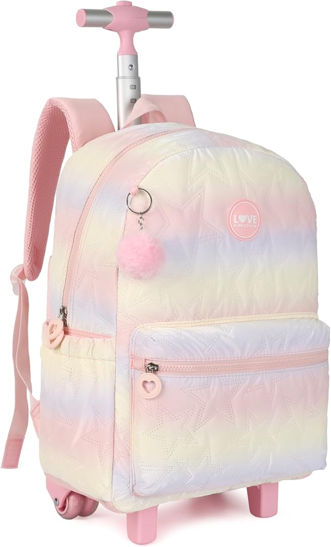 kingdisen Pink Rolling school backpack for girls with Lunch Box 3pc Set(QUILTED PINK)
