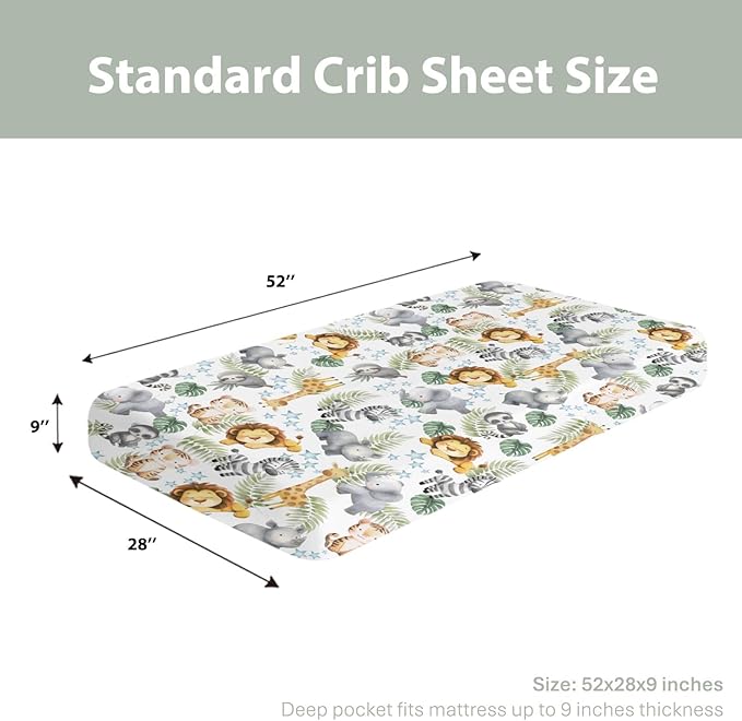Jungle Friends Baby Crib Sheets for Boy Girl 52x28 Safari Lion Giraffe Elephant Tropical Leaves Soft Stretchy Fitted Crib Mattress Cover African Animal Baby Sheet for Standard Crib & Toddler Mattress