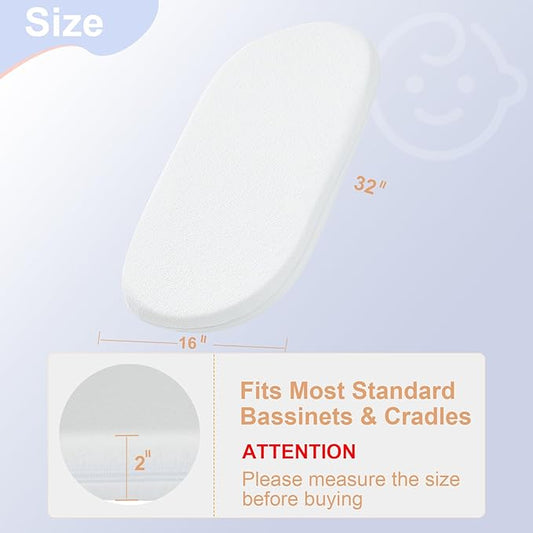 NeoBorn Baby Bassinet Mattress Pad, 32" x 16" Dual Sided Comfort Gel Memory Foam Mattress with Removable Breathable Soft Tencel Cover Fit for Dream On Me Karley Bassinet