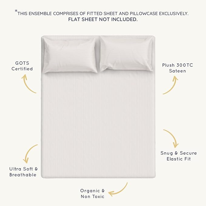 MakeMake Organics Organic Queen Fitted Sheet Set GOTS Certified Organic Cotton Fitted Sheet with Pillowcase Ultra Soft Non Toxic Breathable Hypoallergenic Colorful Neutral (Full, Beige Stripes)