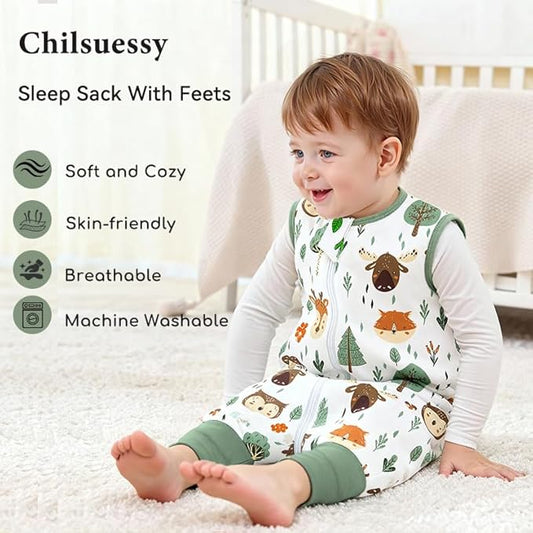 Toddler Sleep Sack with Feet 4-5 T, 1.0 TOG Cotton Baby Wearable Blanket with Legs, Sleep Bag Walker with 2-Way Zipper, Forest Animals+Green