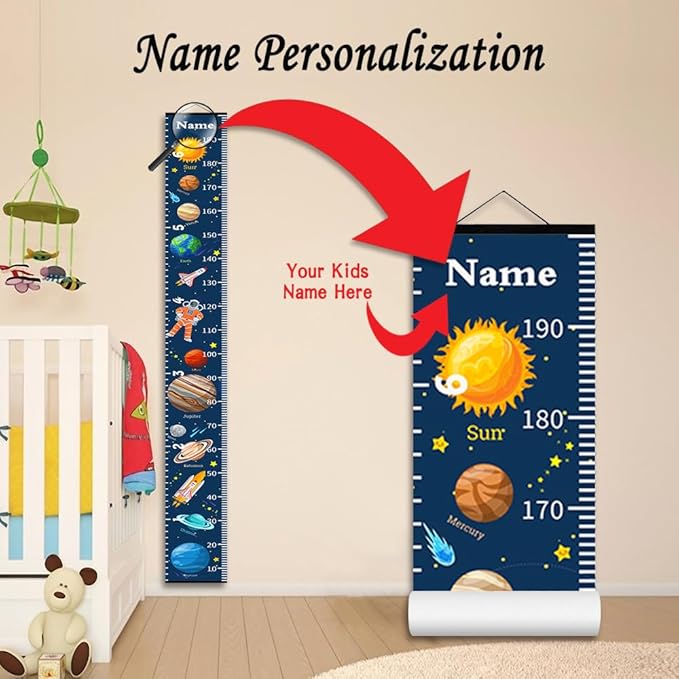 Personalized Growth Chart for Kids, Baby Height Chart with Custom Name, 77"x7.9" Canvas and Black Wood Height Measuring Rulers for Boys Girls Removable Wall Ruler Hanging for Nursery Decor - Planets