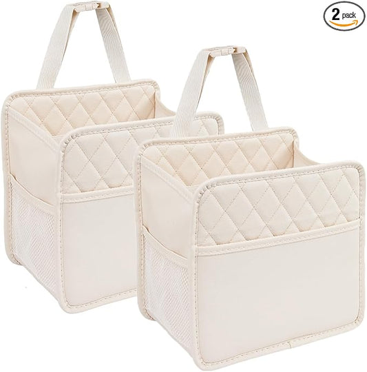 LXUNYI Car Seat Organizer,2 Pack Waterproof Pu Leather Backseat Car Organizer and Storage Bag Foldable Universal Hanging Car Seat Back Organizers for Kids & Adults (Beige 2Pack)