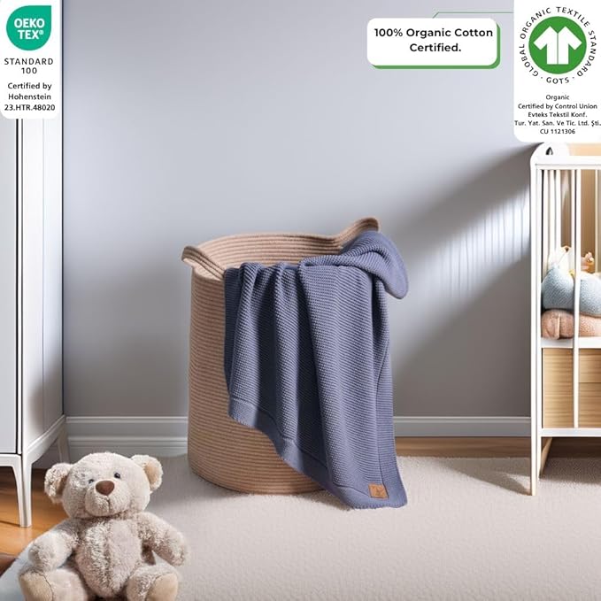 100% Organic Cotton GOTS Certified Baby Knitted Blanket with Gift Box - Soft Toddler, Crib, Stroller Blanket - Neutral Swaddle and Receiving Blanket for Newborns, 30"x40", Grey Blue