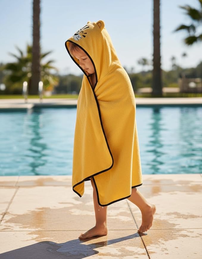 BAGNO MILANO Kids Organic Turkish Cotton Hooded Beach Cover-Up Towel, GOTS Certified, for Boys and Girls (Tiger Yellow, 24"x48"+8"/Hooded Towel)