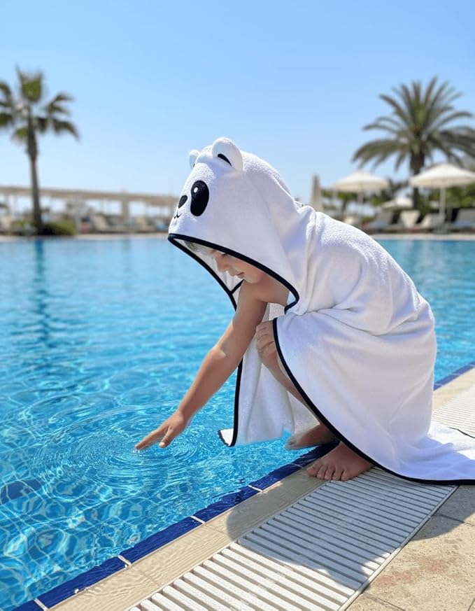 BAGNO MILANO Kids Organic Turkish Cotton Hooded Beach Cover-Up Towel, GOTS Certified, for Boys and Girls (Panda White, 24"x48"+8"/Hooded Towel)