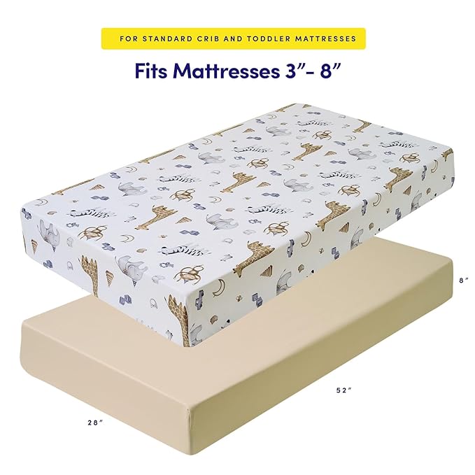 2 Pack Crib Sheets for Boys & Girls – Snug Full Elastic Fit for Standard Crib Mattresses (28″×52″) – Stylish Zoo Animals, Feathers & Arrowhead, Gingham & Petals, Watercolor Vines Prints, Zoo Animals