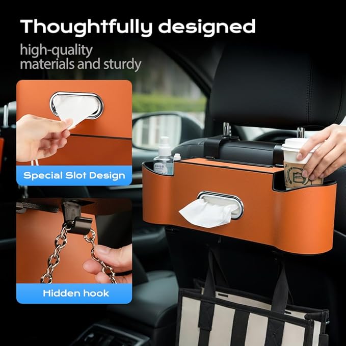 asfanst 3-in-1 Car Backseat Organizer with Cup Holder, Tissue Box, and Hooks, Multifunctional Back Seat Storage for Phones, Snacks, Drinks, and Handbags (2, Black)