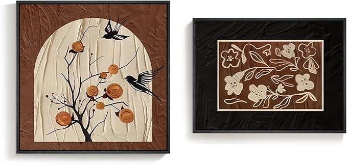 Framed Vintage Set of 2 Bedroom Wall Art, Black & Brown Bird Floral Canvas Artwork for Living Room Walls, Rustic Elegant Chinoiserie Pictures Prints for Dining Room Office Wall Decor, 24x24 & 24x18 In
