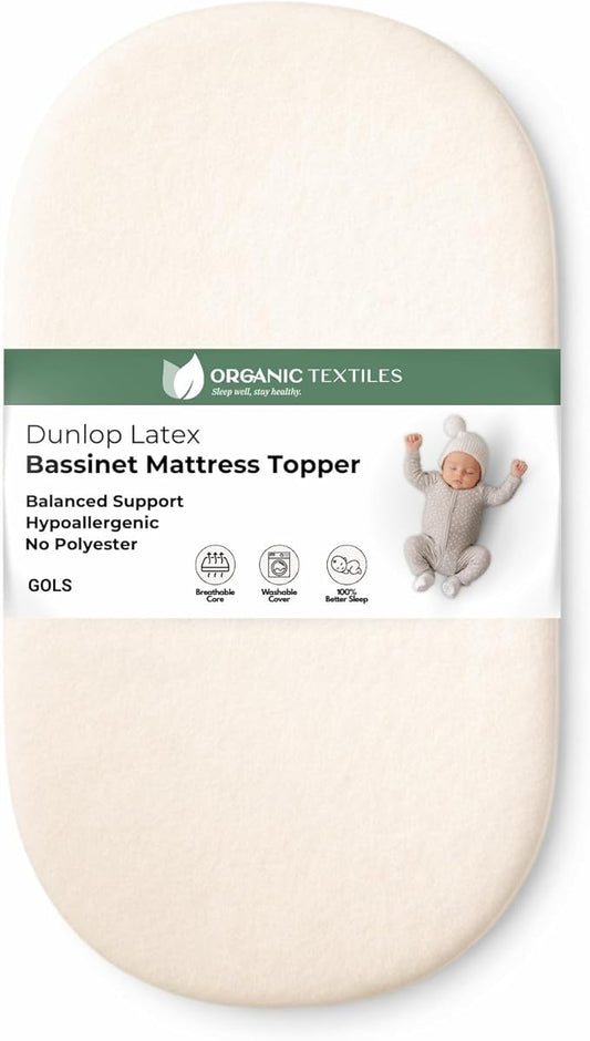 ORGANIC TEXTILES Organic Baby Mattress Topper with Tencel Removable Cover - GOLS/GOTS Certified - Breathable, Hypoallergenic, 2" Bassinet (30"x15")