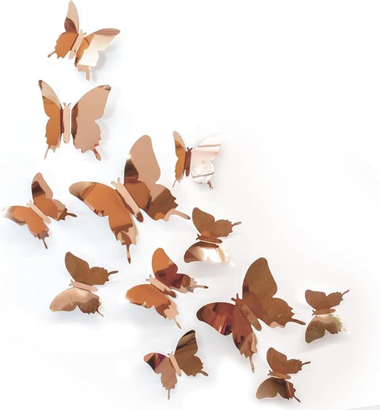 Butterfly Wall Decal Room Decor, Rose Gold Butterfly Wall Decor 24 pcs, Party Decor, Wedding Decoration, Aesthetic Butterflies Stickers for Bedroom