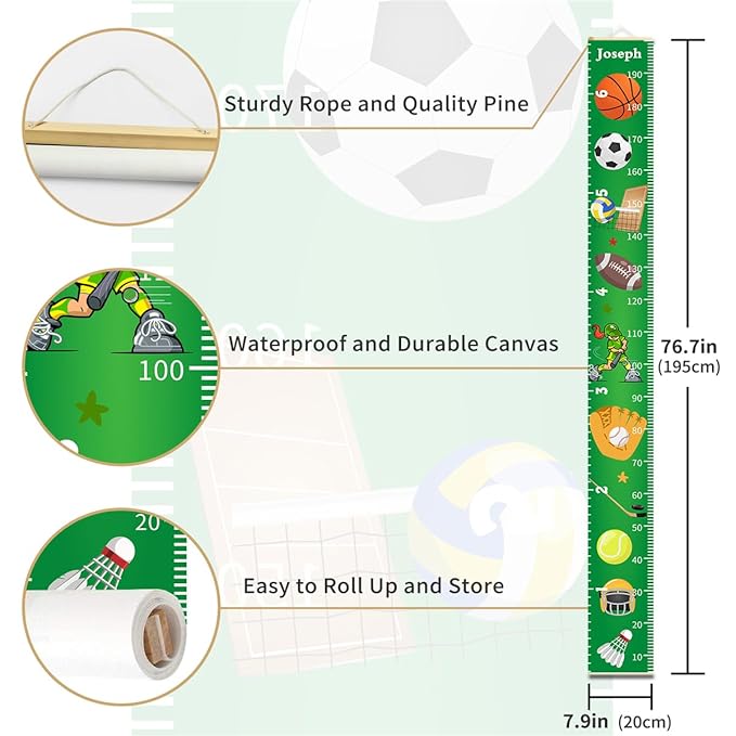 Personalized Growth Chart for Kids, Baby Height Chart with Custom Name, 77"x7.9" Canvas and Beige Wood Height Measuring Rulers for Boys Girls Removable Wall Ruler Hanging for Nursery Decor - Sports