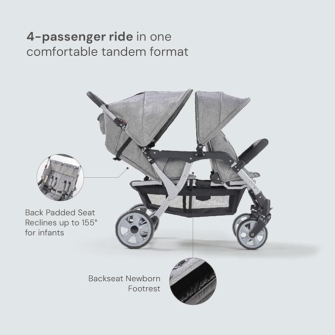 Familidoo H4E Quad Stroller Wagon for Kids, 4-Seater Daycare Baby Stroller with 5-Point Safety Harness, Lightweight & Foldable with All Reclining Seats, Double Canopy & Rain Cover (Gray)