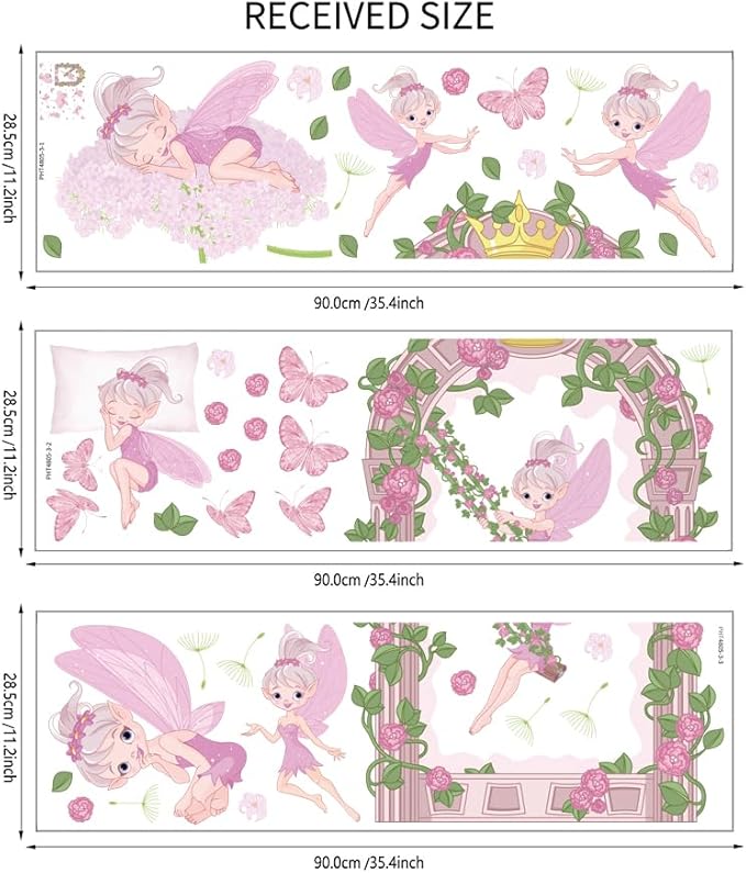 Fairy Girl Wall Decals Pink Flower Floral Butterfly Wall Stickers Baby Girl Room Wallpaper Peel and Stick Wall Art Decals for Girls Bedroom Kids Nursery Living Room