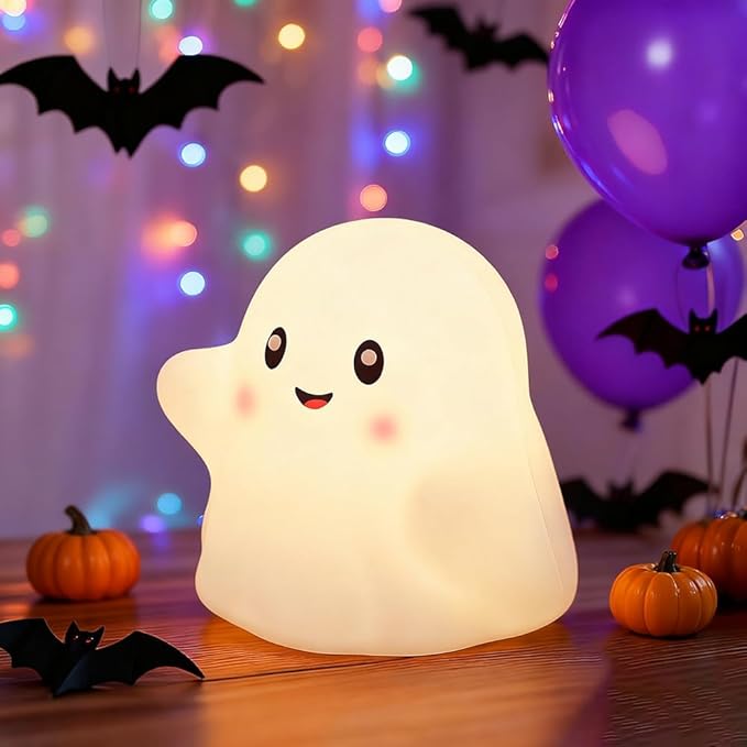 Ghost Night Light for Kids, Silicone Nursery Nightlight with 13 Interactive Sound Effects ,Halloween Decor Lamp Adjustable Dimmable Lamp with Touch Sensor Children's Christmas Gifts (white ghost）