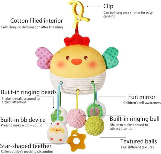 Carseat Toys Hanging for Babies 0-6 Months Boy Girl – Chicken Pull String Baby Toy with Crinkle, Rattle, Mirror, BB Squeaker – Crib Toys Hanging, Stroller, Car Seat Toy, Baby Hanging