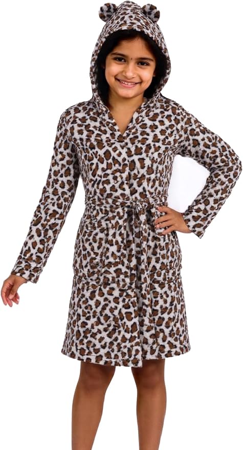 Kids Toddler Cartoon Hooded Plush Robe Leopard Pajamas Fleece Bathrobe Children Sleepwear