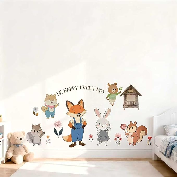 PQQIEE Woodland Animal Wall Decals, Be Happy Every Day Nursery Wall Stickers, Fox Rabbit Bear Squirrel Design, 35.43x19.68 Inch, Kids Room Decor