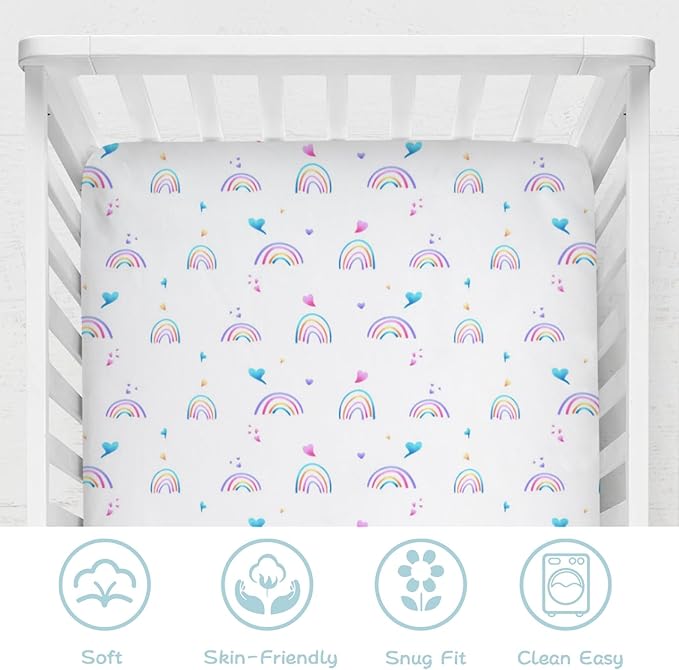 Rainbow Baby Crib Sheet 52''x28'' Cute Rainbow Love Colorful Stretchy Fitted Crib Mattress Sheet for Boy Girl Crib Mattress Sheet Toddler Bed Sheets for Standard Crib and Toddler Mattresses