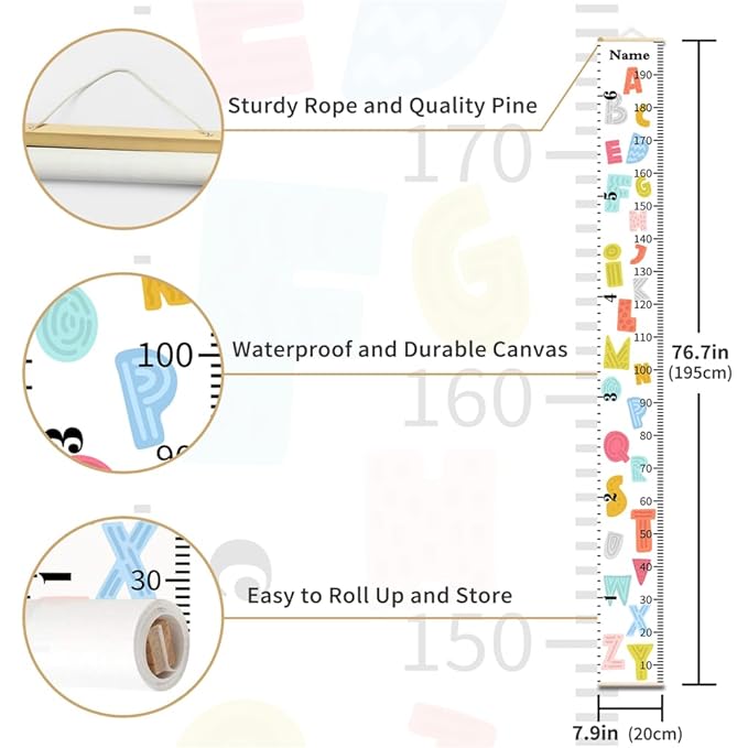Personalized Growth Chart for Kids, Baby Height Chart with Custom Name, 77"x7.9" Canvas and Black Wood Height Measuring Rulers for Boys Girls Removable Wall Ruler Hanging for Nursery Decor - Alphabet
