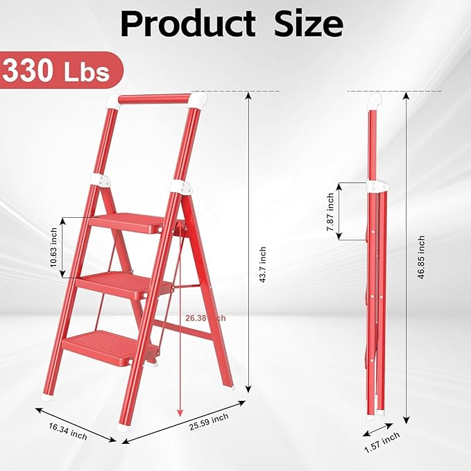 3 Step Ladder, DIAMONDFORGE Foldable Step Stool with Wide Non-Slip Pedal, Non-Slip Feet and Hand Grip, Durable Steel Build, Steel Step Ladder for Home Use, Red White