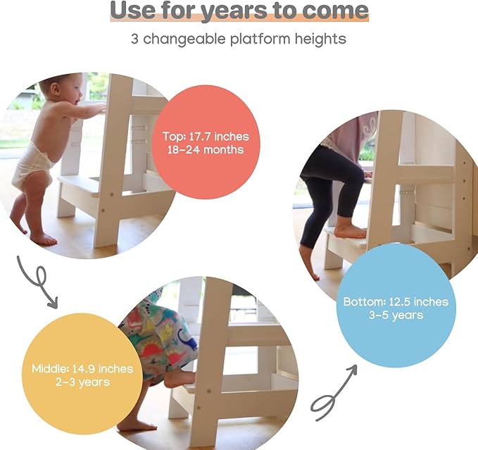 Stepup Baby Toddler Step Stool - Adjustable Height Kids Helper Step Stool, Durable, Non-Slip Platform for Bathroom Sink & Kitchen Counter, Toddler Tower for Exploration and Growth - Natural