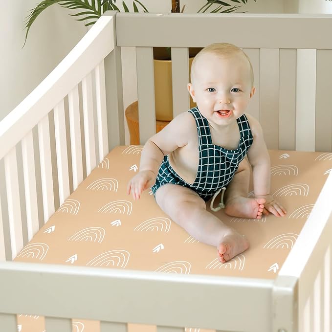 GRSSDER Stretchy Crib Sheets 2 Pack for Baby, Ultra Soft Jersey Knit Crib Fitted Sheets with Deep Pocket, Universal Fits All Standard Crib Mattress Pads Safe and Snug, Jungle Bear/Rainbow