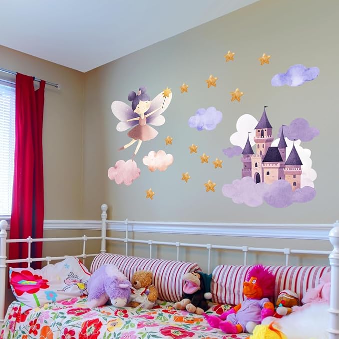 Flower Fairy Wall Decal，Butterfly Fairy Stars Wall Stickers，Cartoon Princess Butterfly Girls Decal，Removable Vinyl for Girls Bedroom Baby Nursery Kids Room Wall Decor. (Fairy Castle Wall Stickers)