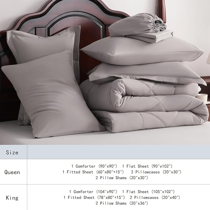 NTBAY King Comforter Set with Sheets, 7 Pieces Soft and Breathable King Bedding Set, Bed in a Bag, Down Alternative Comforter Set Solid Color All Season, Smoke Grey