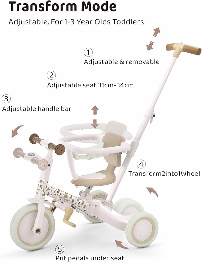 newyoo Lume TR008 Tricycle for Toddlers 1-3, 5-in-1 Push Bike with Parent Handle & Safety Guard, Convertible Balance Bike, Ideal Gift for 1-3 Year Olds, Ivory