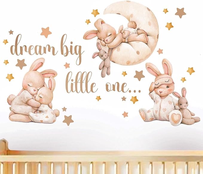 Nursery Wall Stickers, Baby Girl Room Decor, Bunny Wall Decal, Boho Toddler Decor, Beige Peel and Stick Animal Decals for Nursery or Girls Bedroom.