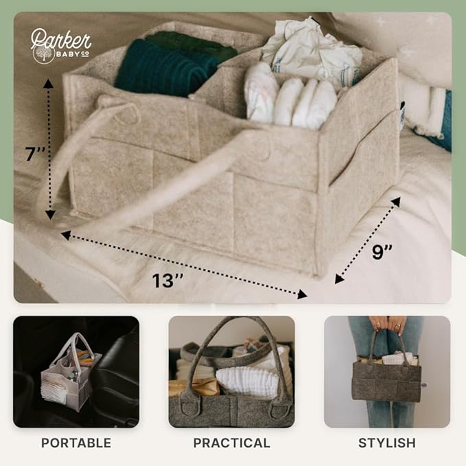 Parker Baby Diaper Caddy - Nursery Storage Bin and Car Organizer for Diapers and Baby Wipes - Gray, Regular