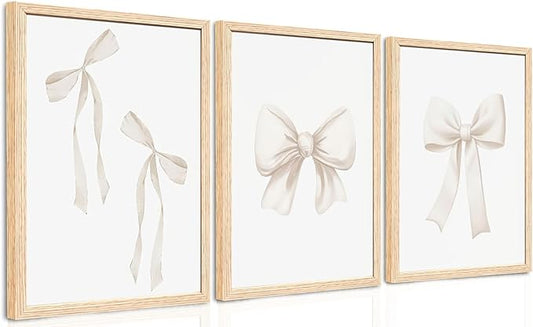 PicturePerfect Decor Bow frame wall art decoration set of 3 pieces beige aesthetic wall art fashion girl bedroom wall decoration beige bow print living room university apartment 12x16 inches