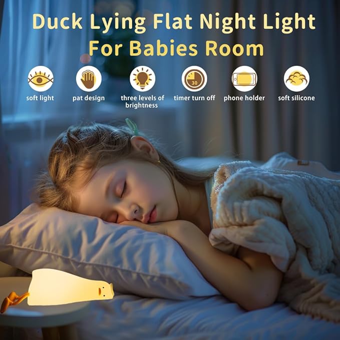 LiuXxdym Lying Flat Duck Night Light, Cute Silicone Light Up Duck, 3 Level Dimmable Nursery Nightlight, LED Duck Lamp, Rechargeable Bedside Touch Lamp for Breastfeeding Toddler Baby Kids Decor