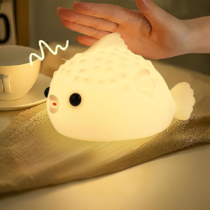 DNBFLLK White Pufferfish Night Light - Silicone Touch Sensor Lamp for Nursery, 3 Adjustable Brightness, USB-C Rechargeable Baby-Safe Bedside Light, Modern Kids Room Decor & Toddler Sleep Aid