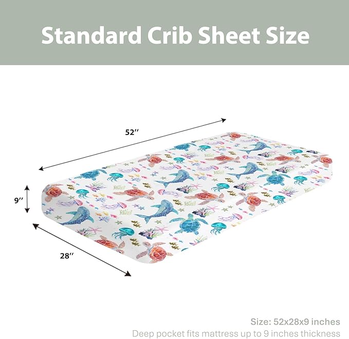 Fantasy Sea Animals Baby Crib Sheets for Boy Girl 28"x52" Turtle Whale Jellyfish Corals Soft Stretchy Fitted Crib Mattress Covers Nautical Marine Baby Sheet for Standard Crib & Toddler Bed Mattress