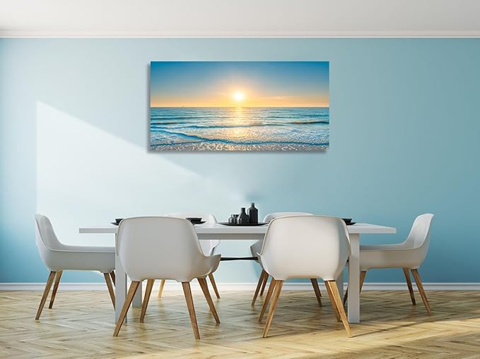 KUNHAAH Wall Art Canvas Painting Blue Sea Beautiful Seascape 1 Piece Ocean Sunset Waves Picture Poster Print Framed Ready to Hang for Living Room Bedroom Artework 71x36inch