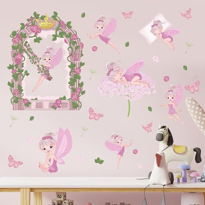 Fairy Girl Wall Decals Pink Flower Floral Butterfly Wall Stickers Baby Girl Room Wallpaper Peel and Stick Wall Art Decals for Girls Bedroom Kids Nursery Living Room