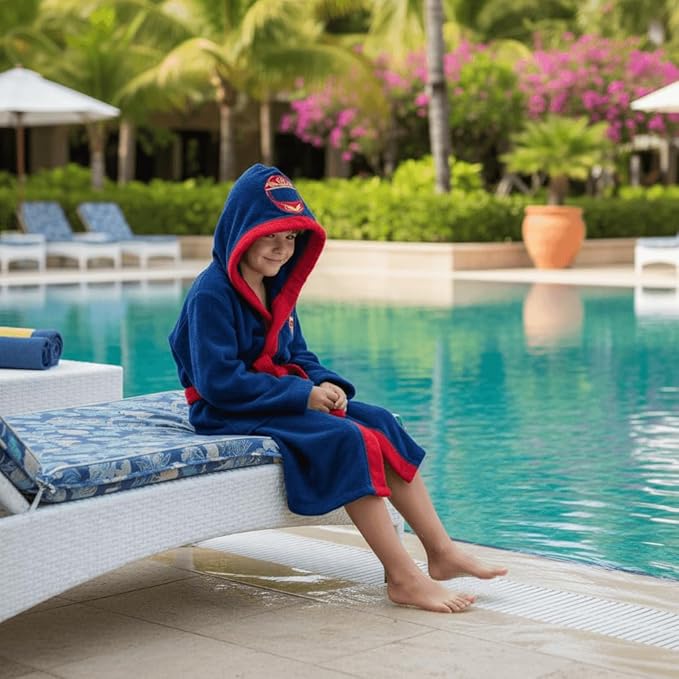 BAGNO MILANO Kids Organic Turkish Cotton Hooded Beach Cover-Up Towel, GOTS Certified, for Boys and Girls (Driver Navy, 7-8 Years)