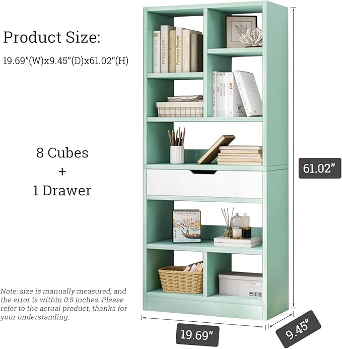 IOTXY Wooden Open Shelf Bookcase - 61 Inches Height Freestanding Display Storage Cabinet Organizer with 8 Cubes and a Drawer, Floor Standing Bookshelf in Tiffany-Green