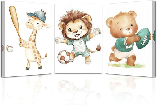 LZIMU Nursery Animal Canvas Wall Art 3 Pieces Cute Animal Baby Picture Prints Woodland Nursery Painting for Kids Boy Girls Room Decor Framed (Brown, 12x16inchx3 Pieces)