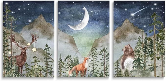 SKYSUKEY Boho Nursery Wall Decor, Wild Forest Kids Wall Art, Dark Blue Star Night Moon Netural Mountain Wall Art, Fairy Animals Nursery Decor, Nature Prints for Boy Girl, Set 3 Framed, 16"x24"