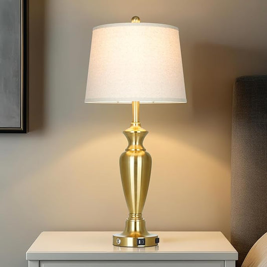 luxeflow Gold Table Lamp for Living Room Single, 30″ Tall Touch Control Bedside Lamp for Nightstand, 3-Way Dimmable Bedroom Lamp with USB A+C Ports and AC Outlet (1 Pack)