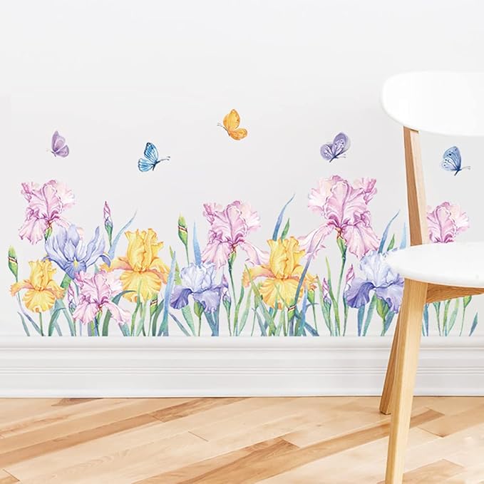 Runtoo Flower Butterfly Wall Decals Iris Floral Garden Wall Art Stickers Girls Bedroom Living Room Kids Nursery Wall Decor