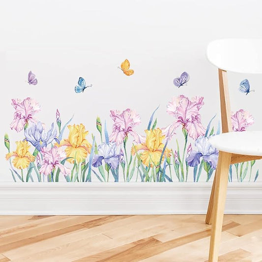 Runtoo Flower Butterfly Wall Decals Iris Floral Garden Wall Art Stickers Girls Bedroom Living Room Kids Nursery Wall Decor