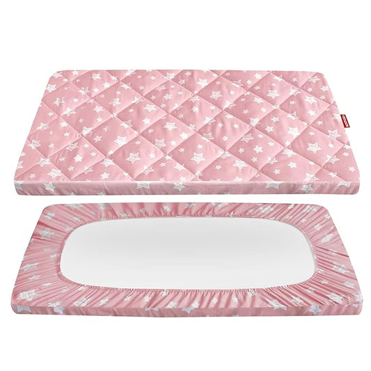 Pack and Play Sheets Fitted, Breathable Thick Playard Lovely Print Cover 39"×27"×5" Compatible with Graco Pack n Play, Pink Star