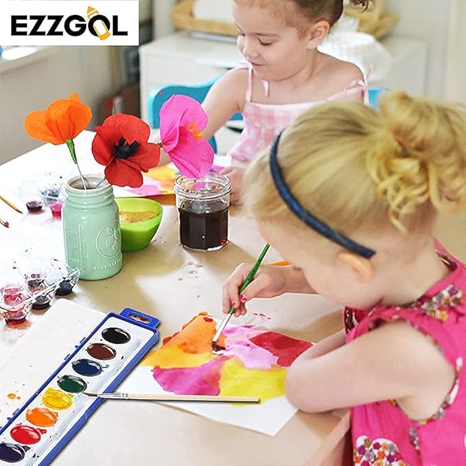 Watercolor Paint Sets Bulk Pack of 24, Ezzgol 8 Colors Washable Paint Sets for Kids, Quality Water Color Wooden Brushes, Perfect for Preschool Classroom
